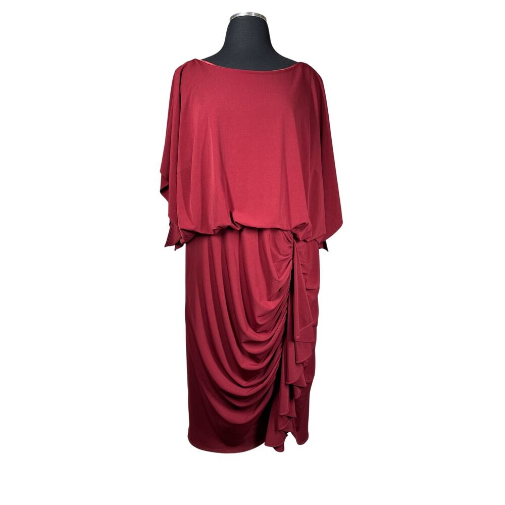 David Meister Midi Dress Draped Front Burgundy Cocktail Vintage Classic Size 18W